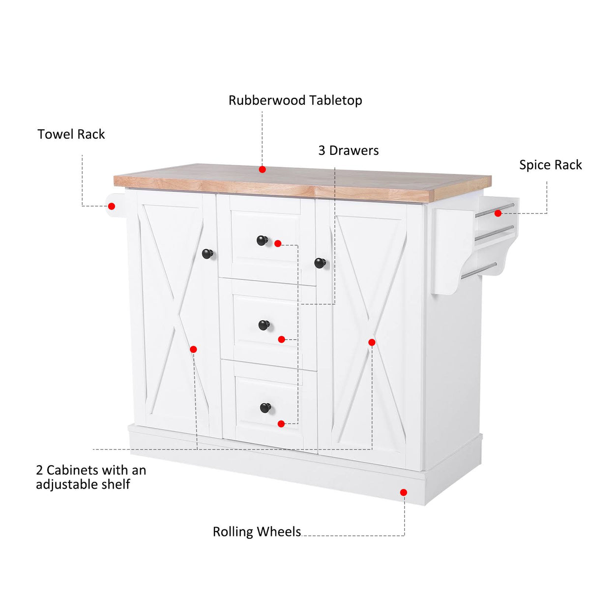 Portable Wooden Kitchen Island Cart with Drawers and Wheels White C143859