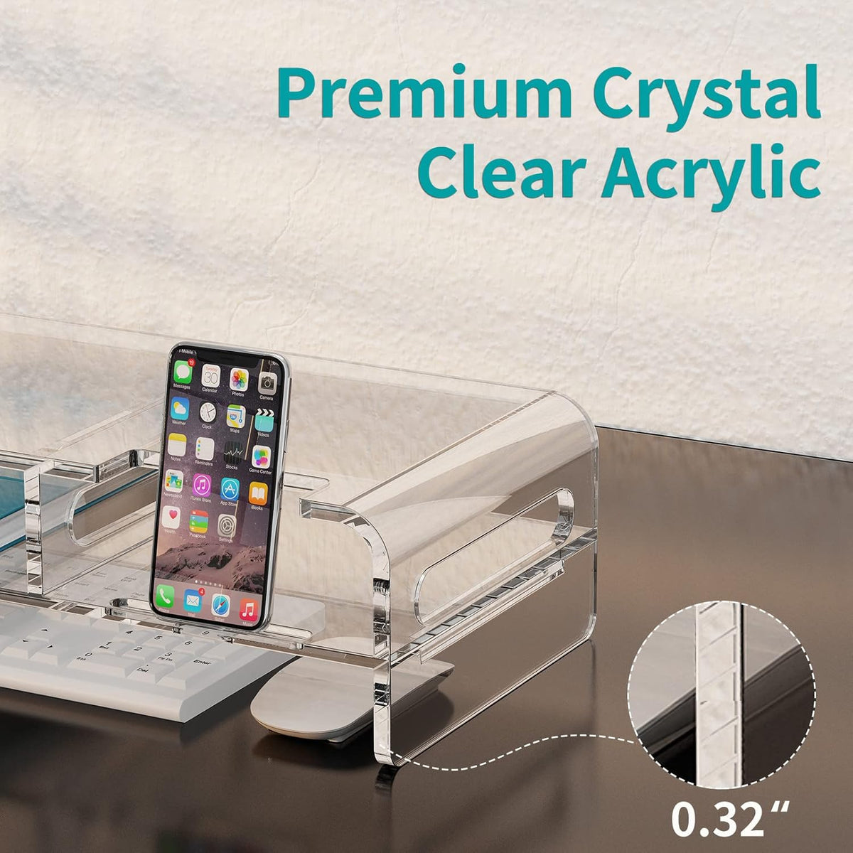 20-inch Clear Acrylic Monitor Stand Riser with Keyboard Storage and Phone Holder Q442802