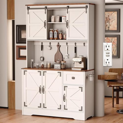 White Kitchen Pantry Cabinet with Charging Station and Microwave Stand C589164