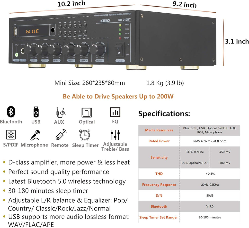Bluetooth Stereo Digital Amplifier Receiver 2X 40W with Remote Control S861886