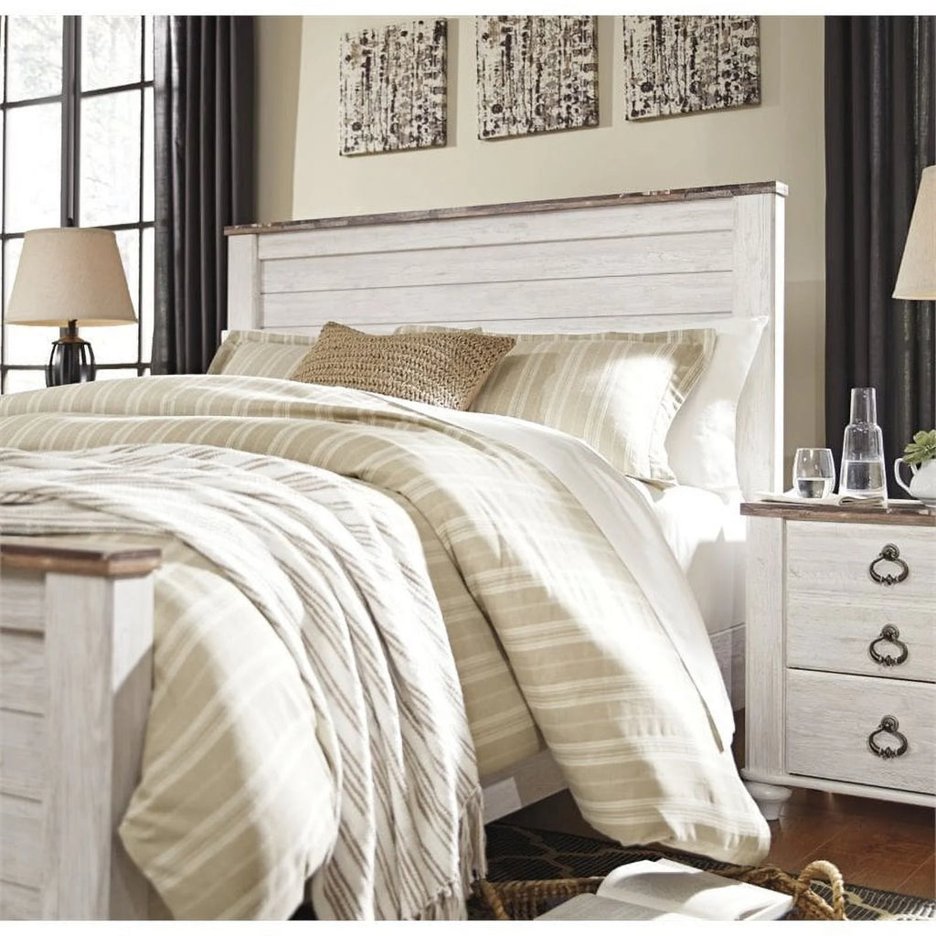 White Wood Queen Panel Bed with Headboard F601626
