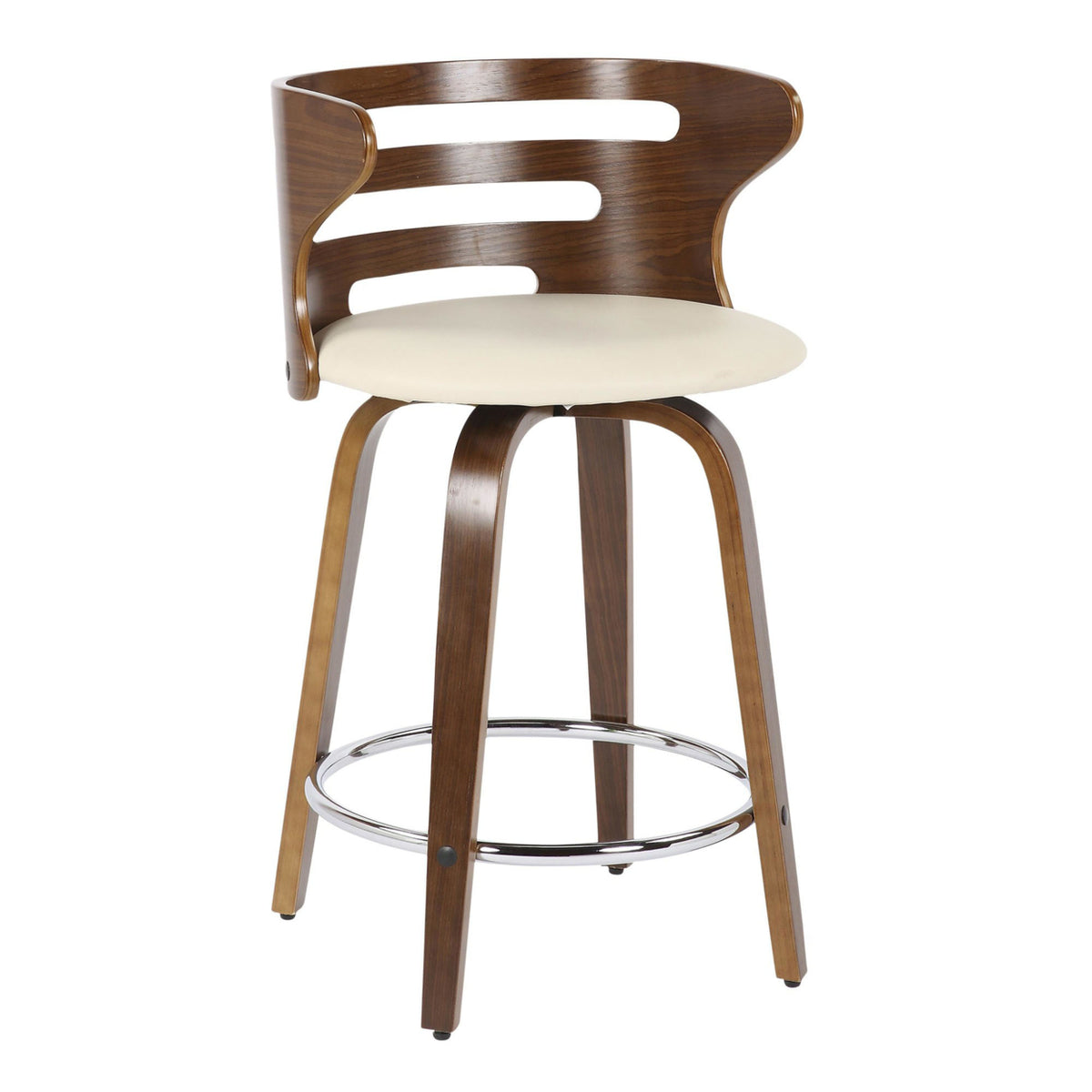 Mid-Century Modern Counter Stool With Swivel In Walnut And Cream Faux Leather - Set Of 2 Y174