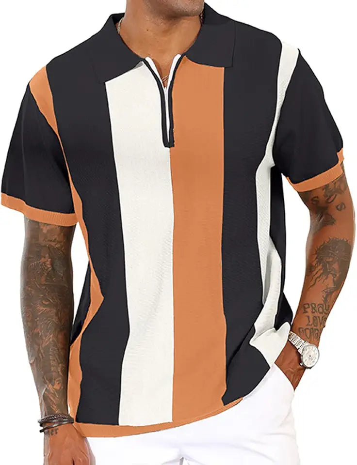 Men's Vintage Striped Knitting Slim Fit Golf Polo Shirts Q83996