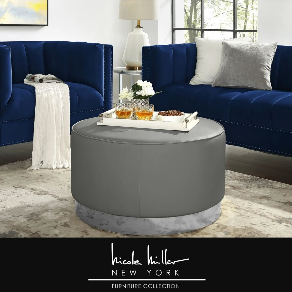 Leather or Velvet Cocktail Ottoman with Chrome or Gold Trim Base R870295