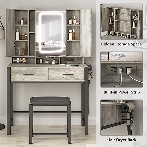Vanity Desk with Lighted Tri-Fold Mirror and 2 Drawers W504