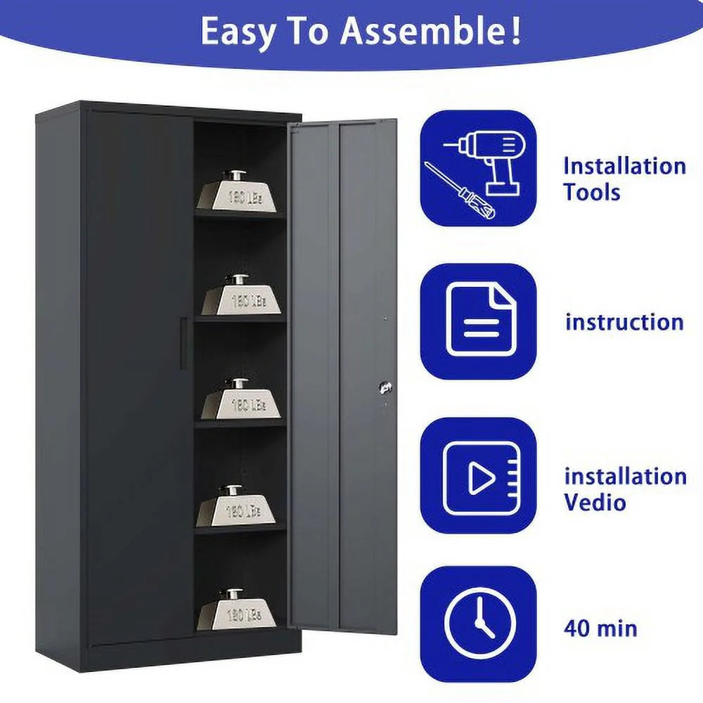 72" Black Metal Steel Storage Cabinet with Doors and 4 Shelves H2621