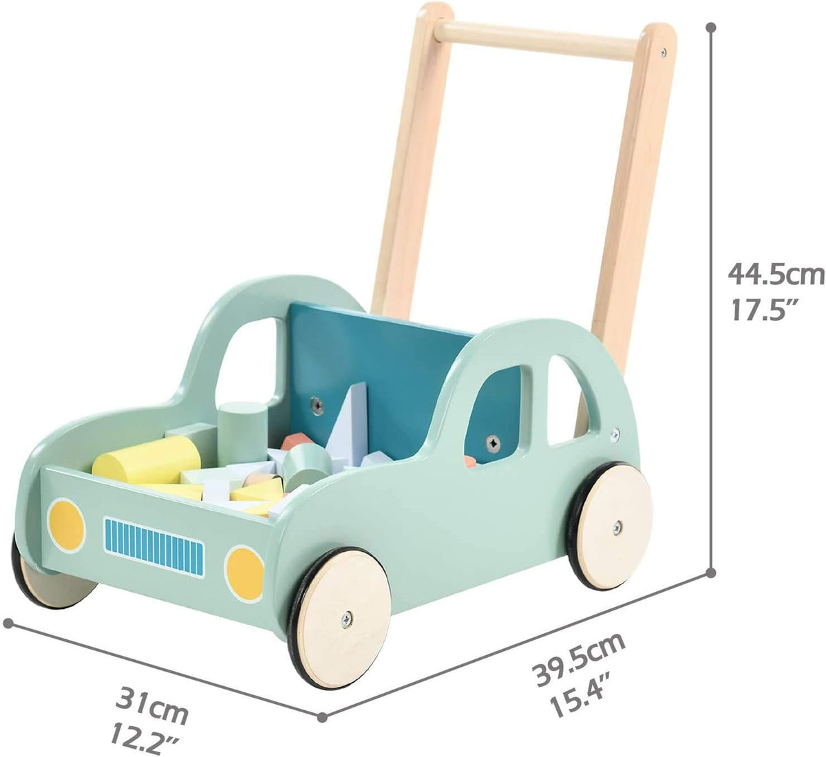 Green Wooden Baby Walker with Blocks Trolley J123810