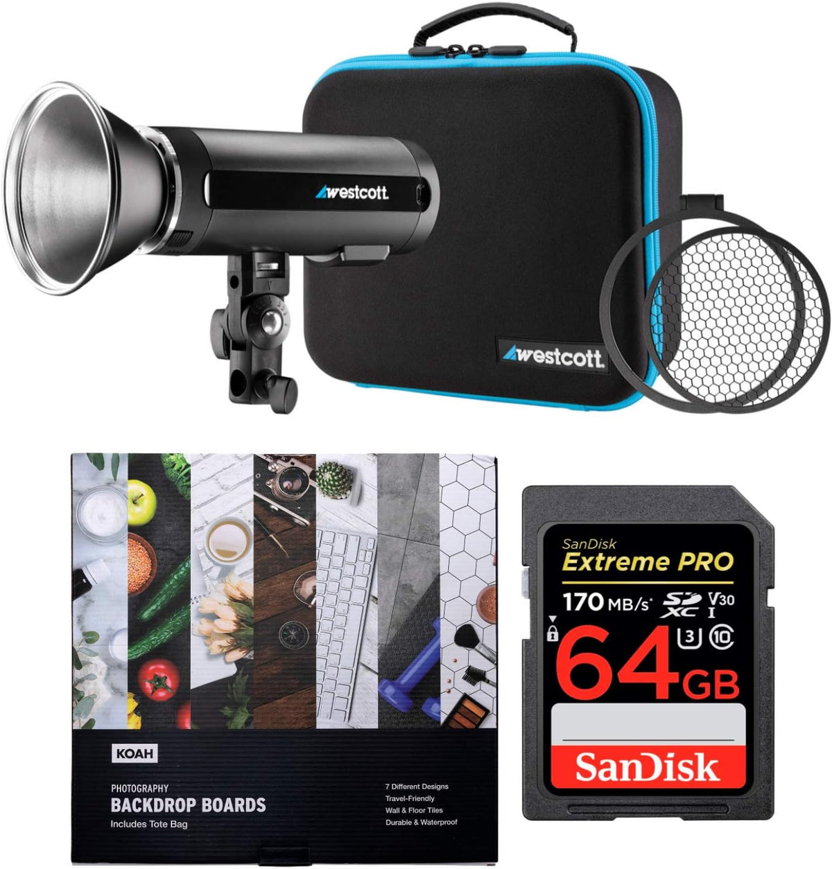 200Ws Strobe Light with 64GB SD Card and Backdrop Boards Bundle (3 Items) N46587