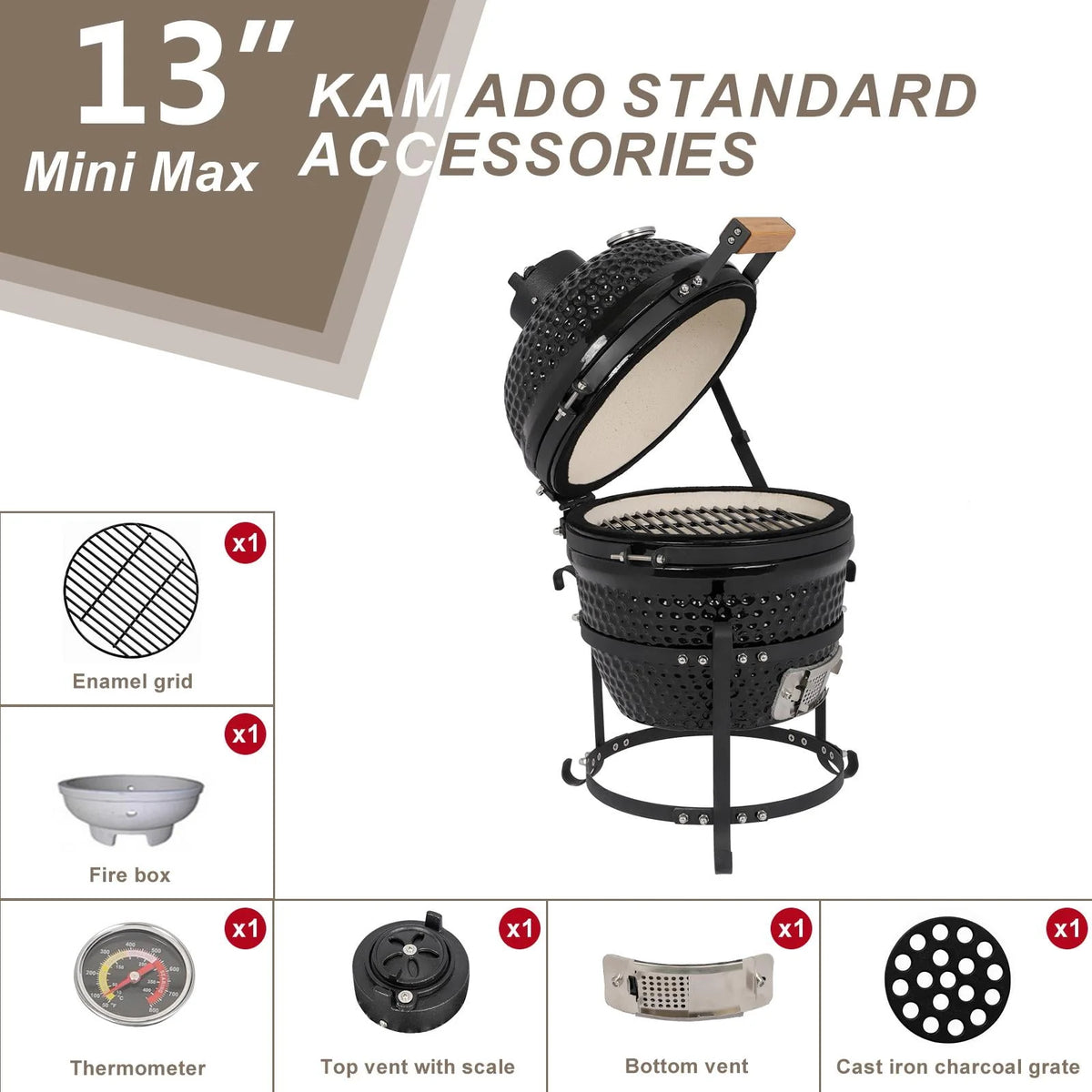 13in Black Ceramic Charcoal BBQ Grill D23073