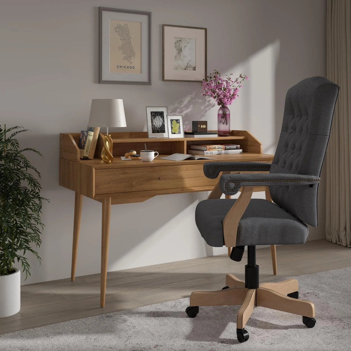 Gray Fabric Tufted Swivel Office Chair R702