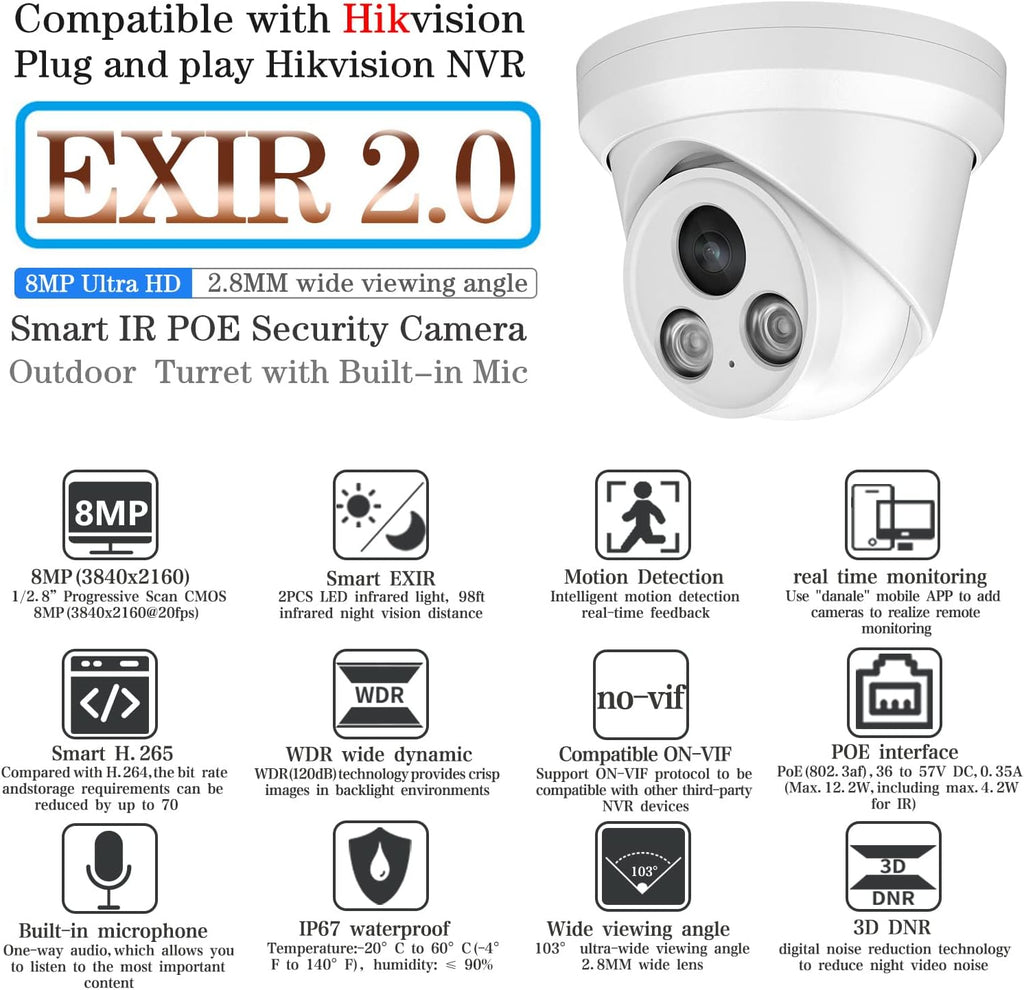 4K UltraHD 8MP Outdoor Security PoE IP Turret Camera with Microphone, 2.8mm Wide Angle, 98ft Night Vision, H.265, IP67 Waterproof O930555