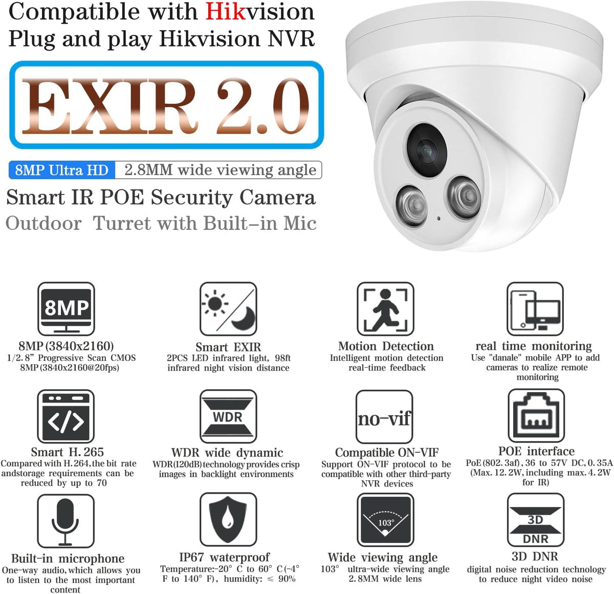 4K UltraHD 8MP Outdoor Security PoE IP Turret Camera with Microphone, 2.8mm Wide Angle, 98ft Night Vision, H.265, IP67 Waterproof O930555