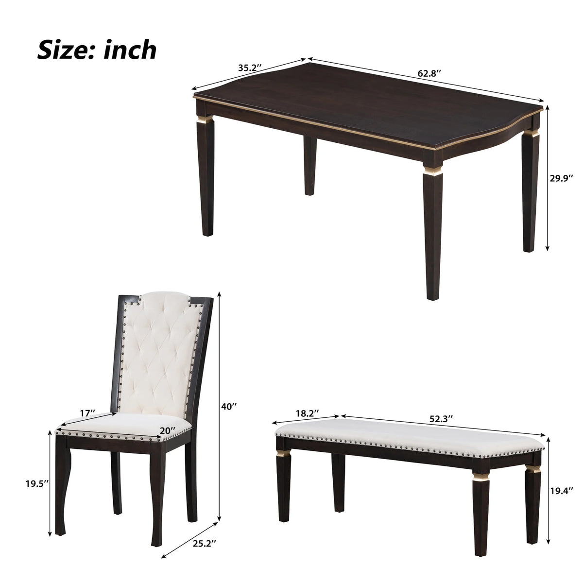 6 Piece Dining Table Set with 4 Chairs and Bench Espresso U750837