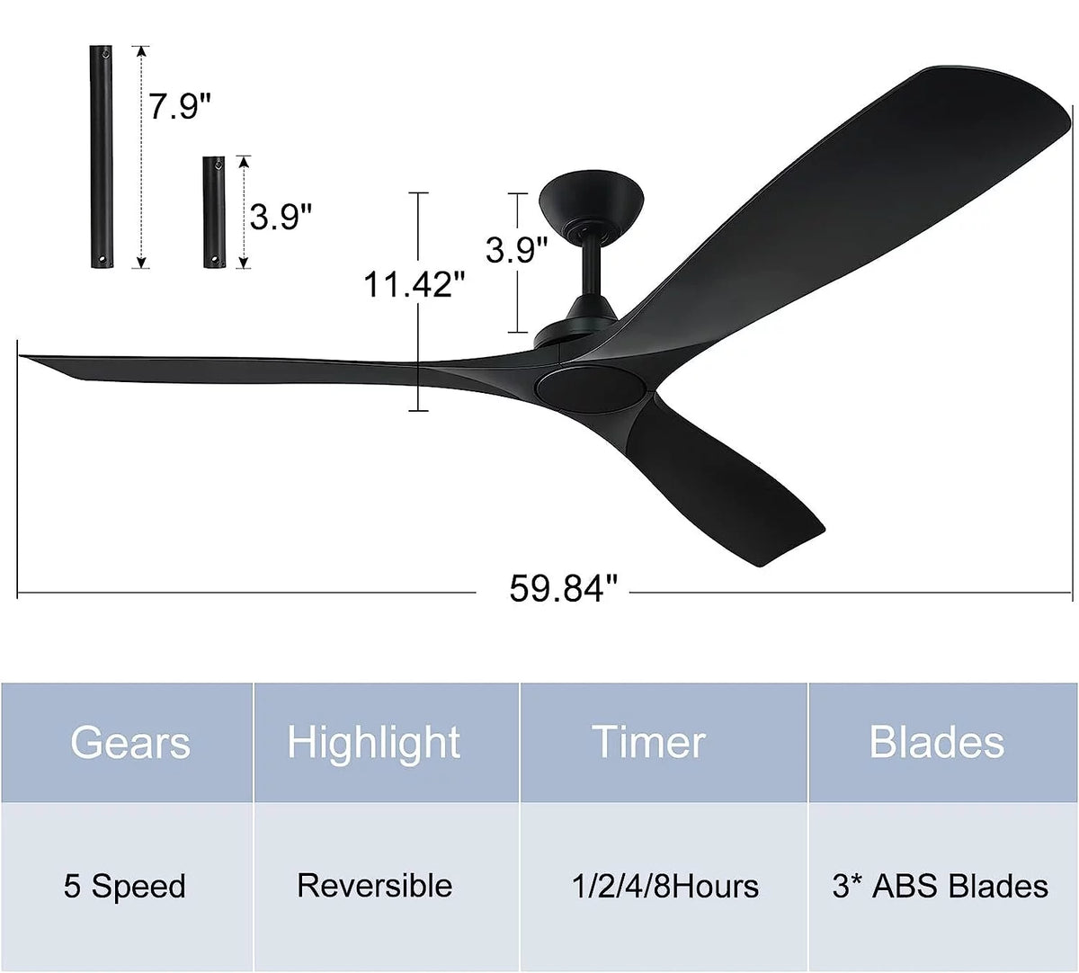 60" Modern 3-Blade Black Ceiling Fan with Remote Control N670427