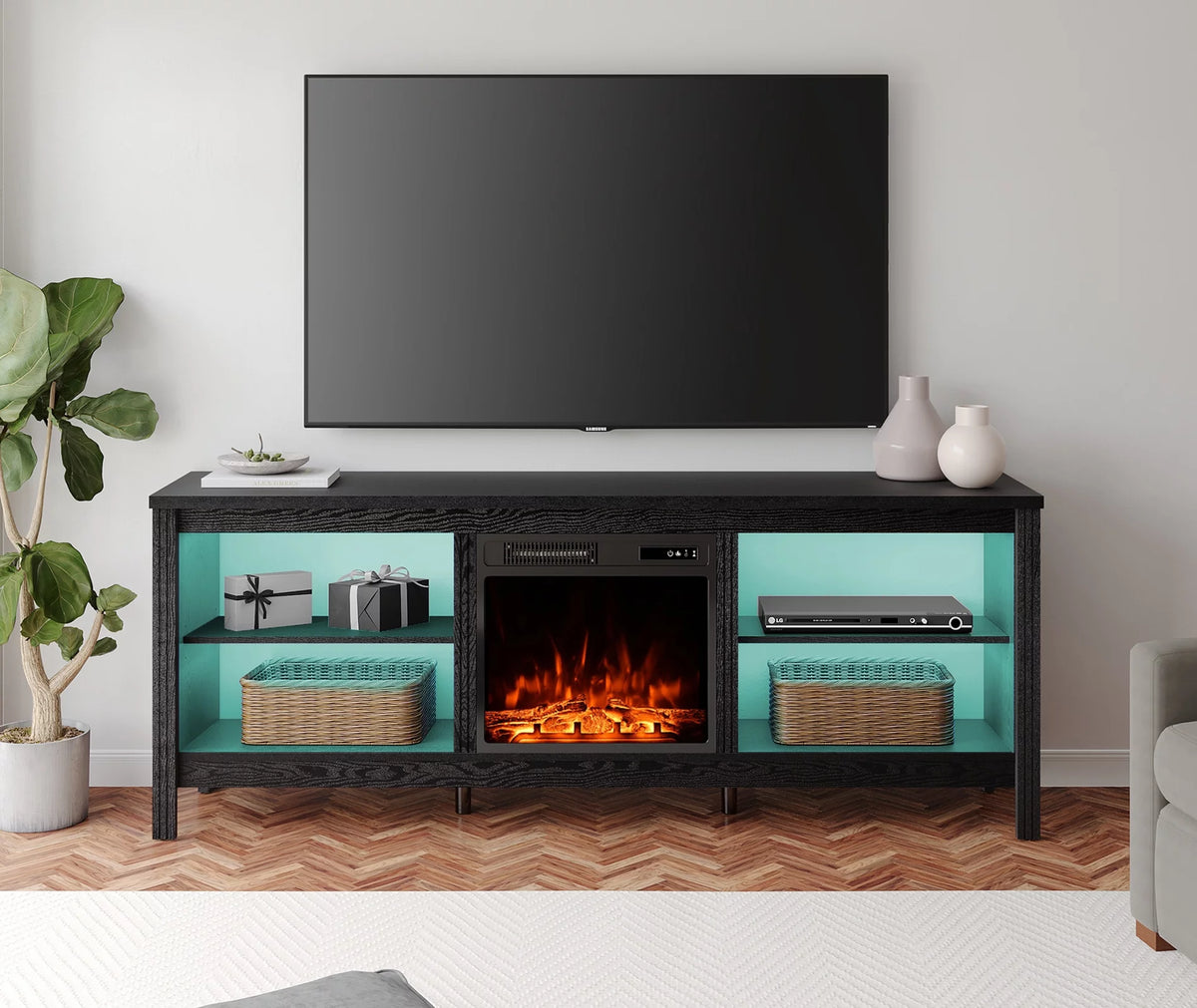 Black Fireplace TV Stand with LED Lights I902
