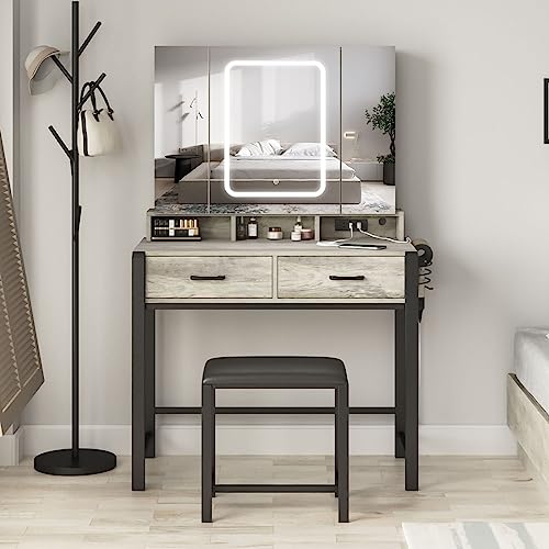 Vanity Desk with Lighted Tri-Fold Mirror and 2 Drawers W504