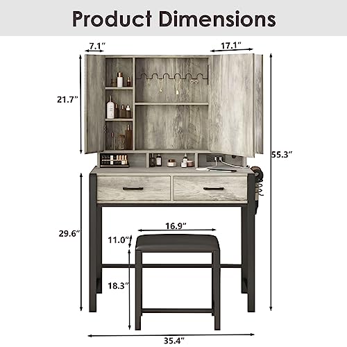 Vanity Desk with Lighted Tri-Fold Mirror and 2 Drawers W504