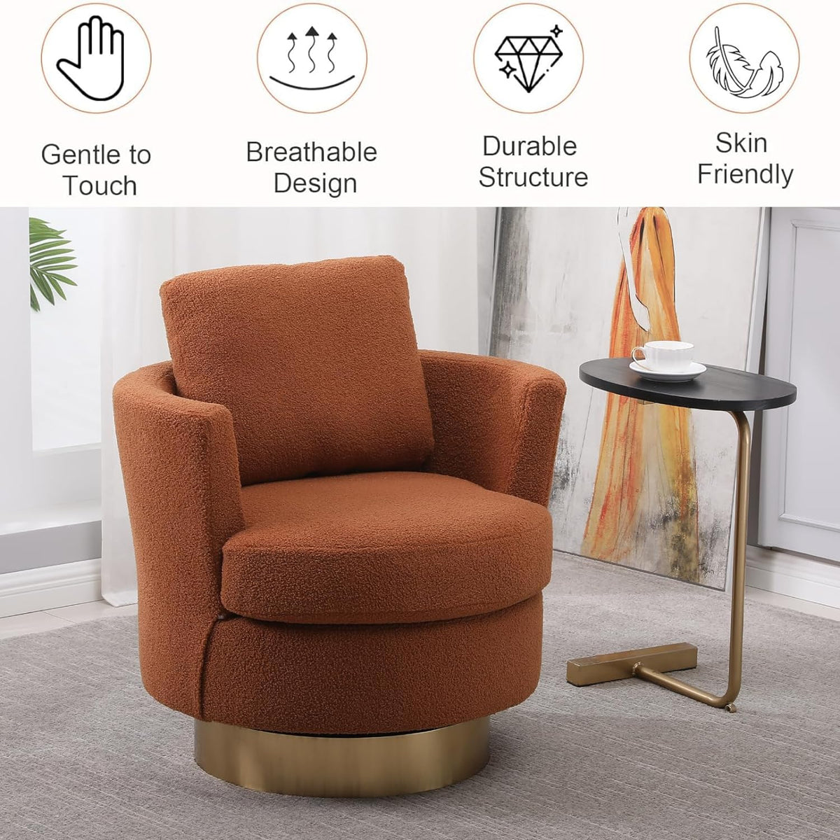 Orange Velvet Swivel Barrel Chair with Gold Stainless Steel Base Y4668