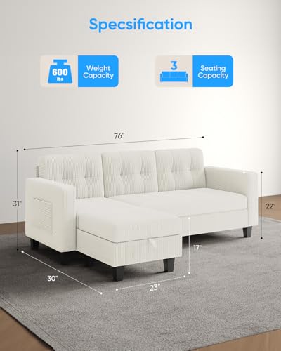 76 Inch L Shaped Corduroy Convertible Sectional Sofa with Reversible Storage Ottoman B953243