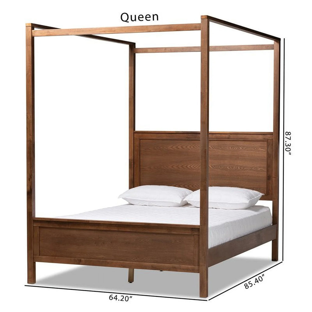 Queen Size Walnut Finished Wood Canopy Bed Q552
