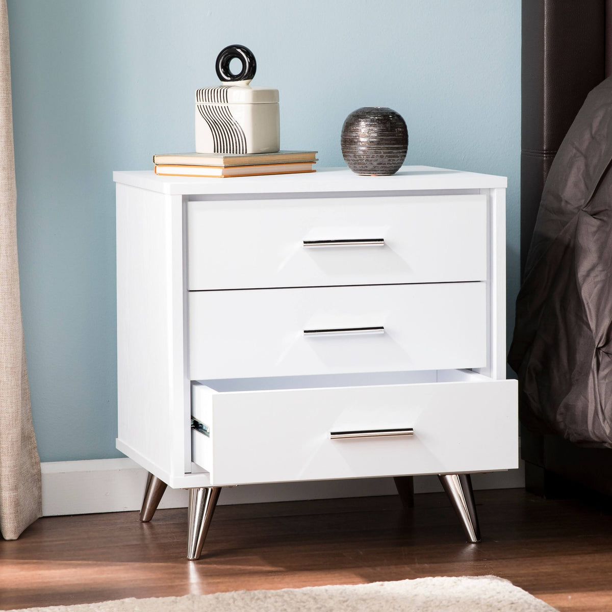 White Chrome Finish Bedside Table with Drawers A6473