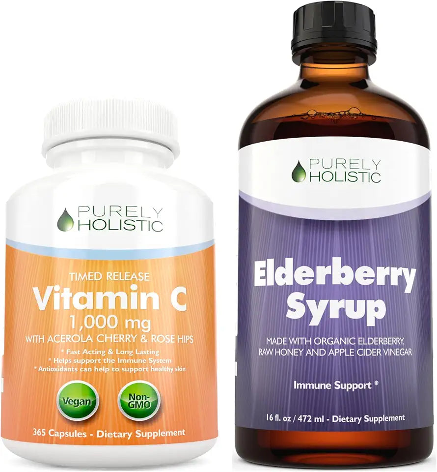 Vitamin C 1000mg + Organic Elderberry Syrup Bundle - 365 Vegan Capsules + 16 fl oz X750929