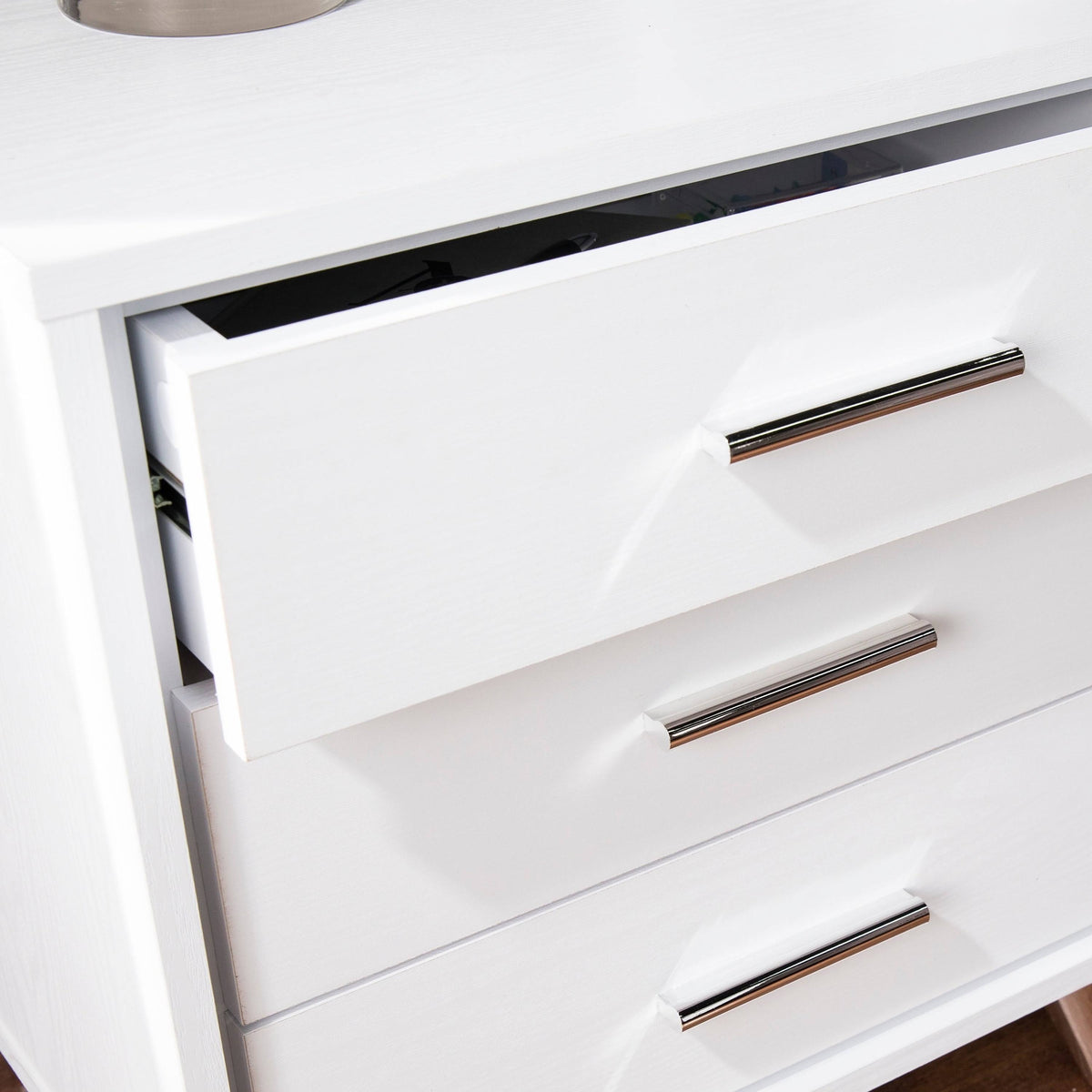 White Chrome Finish Bedside Table with Drawers A6473