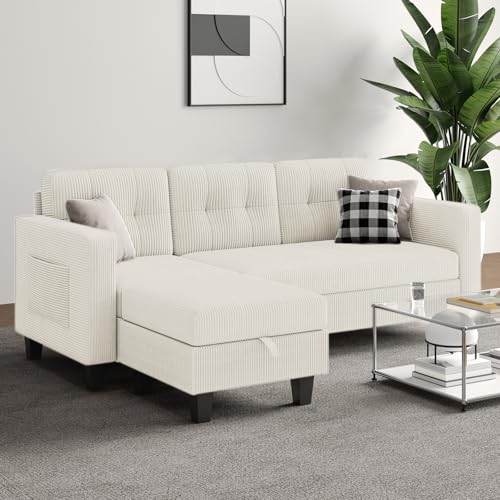 76 Inch L Shaped Corduroy Convertible Sectional Sofa with Reversible Storage Ottoman B953243