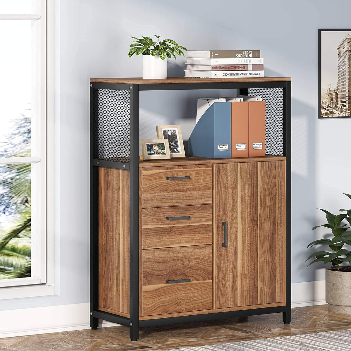 3 Drawers Lateral Filing Cabinet with Open Shelves M9952