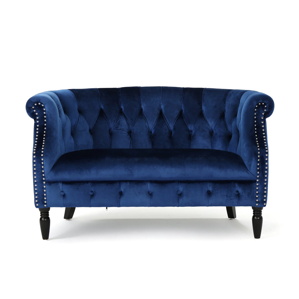 Navy Blue and Dark Brown Velvet Loveseat F371246