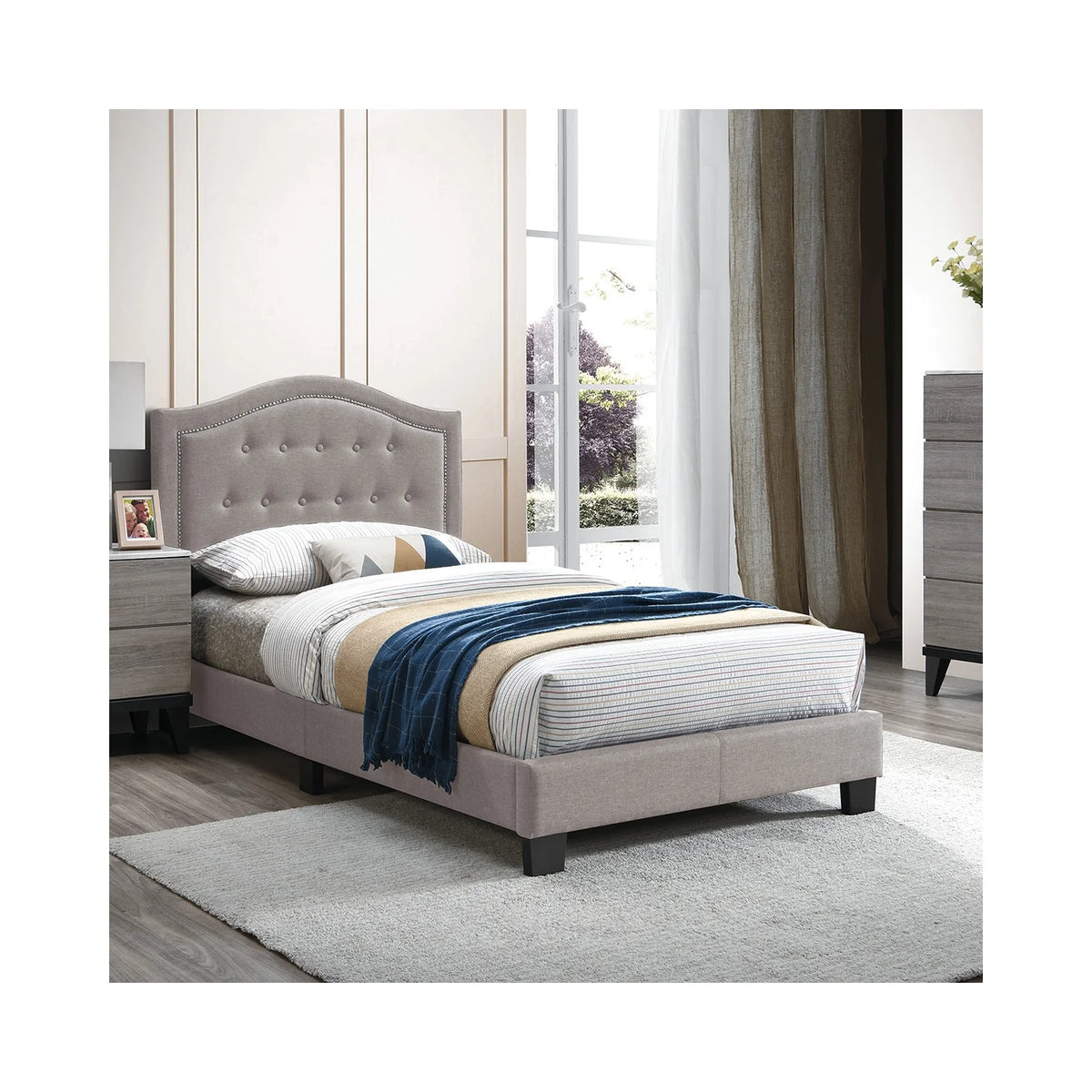 Twin Burlap Fabric Upholstered Bed Frame with Slats Q281