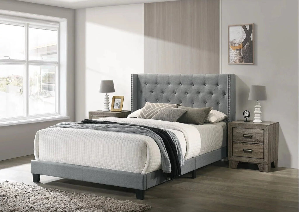 Gray Full Size Fabric Upholstered Panel Bed 2 Nightstand Set A502
