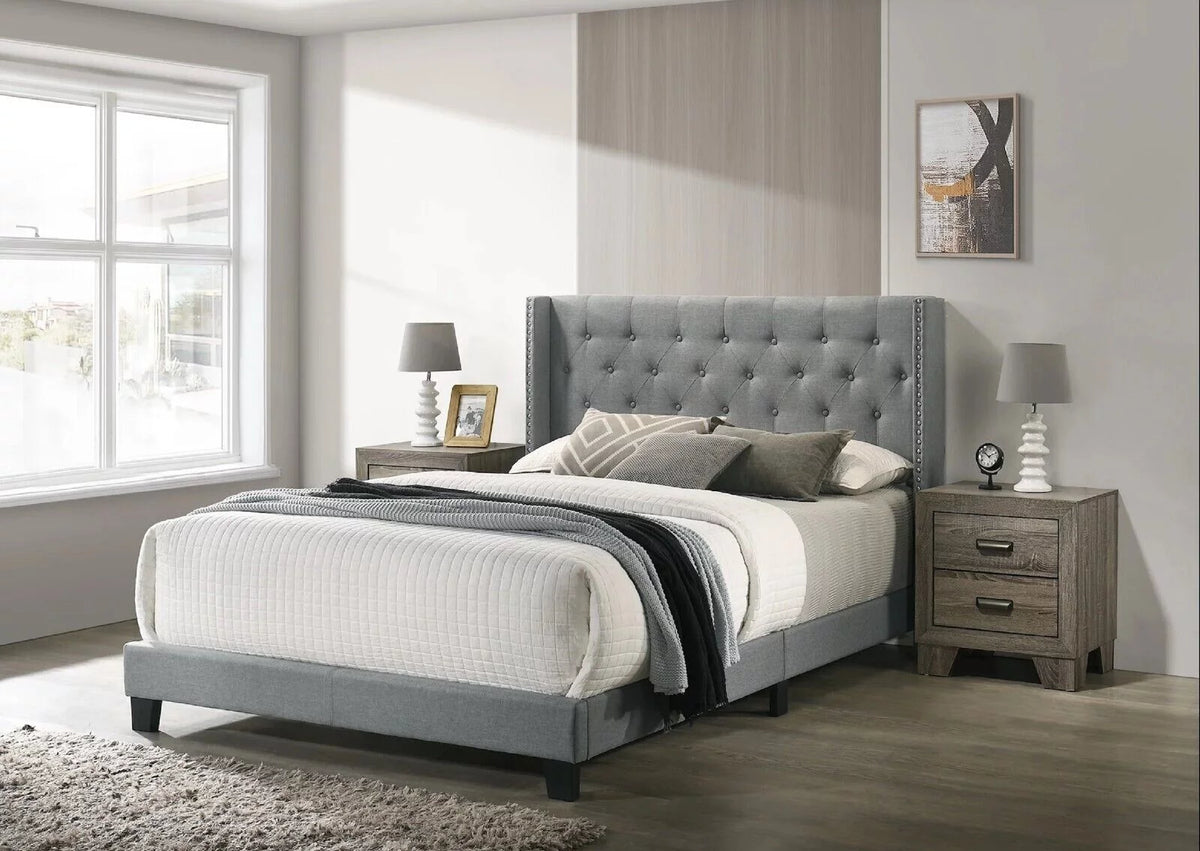 Gray Full Size Fabric Upholstered Panel Bed 2 Nightstand Set A502