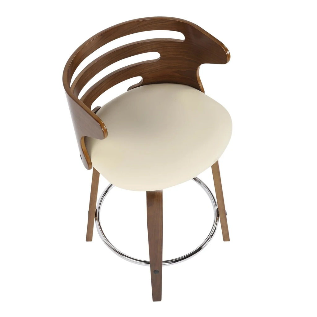 Mid-Century Modern Counter Stool With Swivel In Walnut And Cream Faux Leather - Set Of 2 Y174
