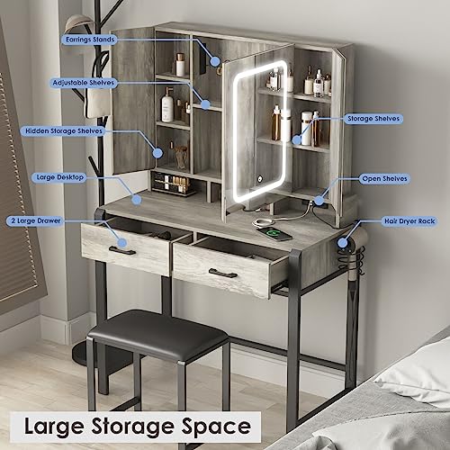 Vanity Desk with Lighted Tri-Fold Mirror and 2 Drawers W504
