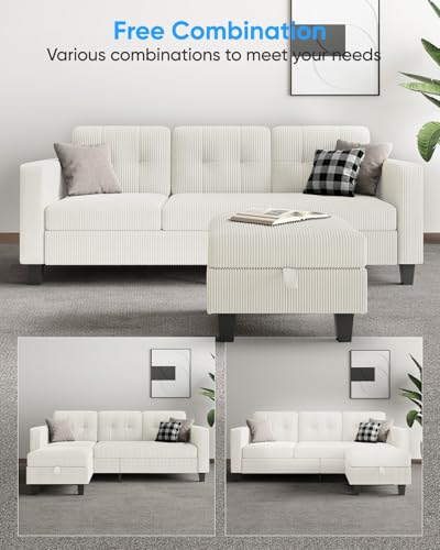 76 Inch L Shaped Corduroy Convertible Sectional Sofa with Reversible Storage Ottoman B953243