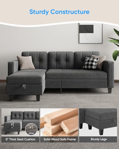 76 Inch L Shaped Corduroy Convertible Sectional Sofa with Reversible Storage Ottoman B953243