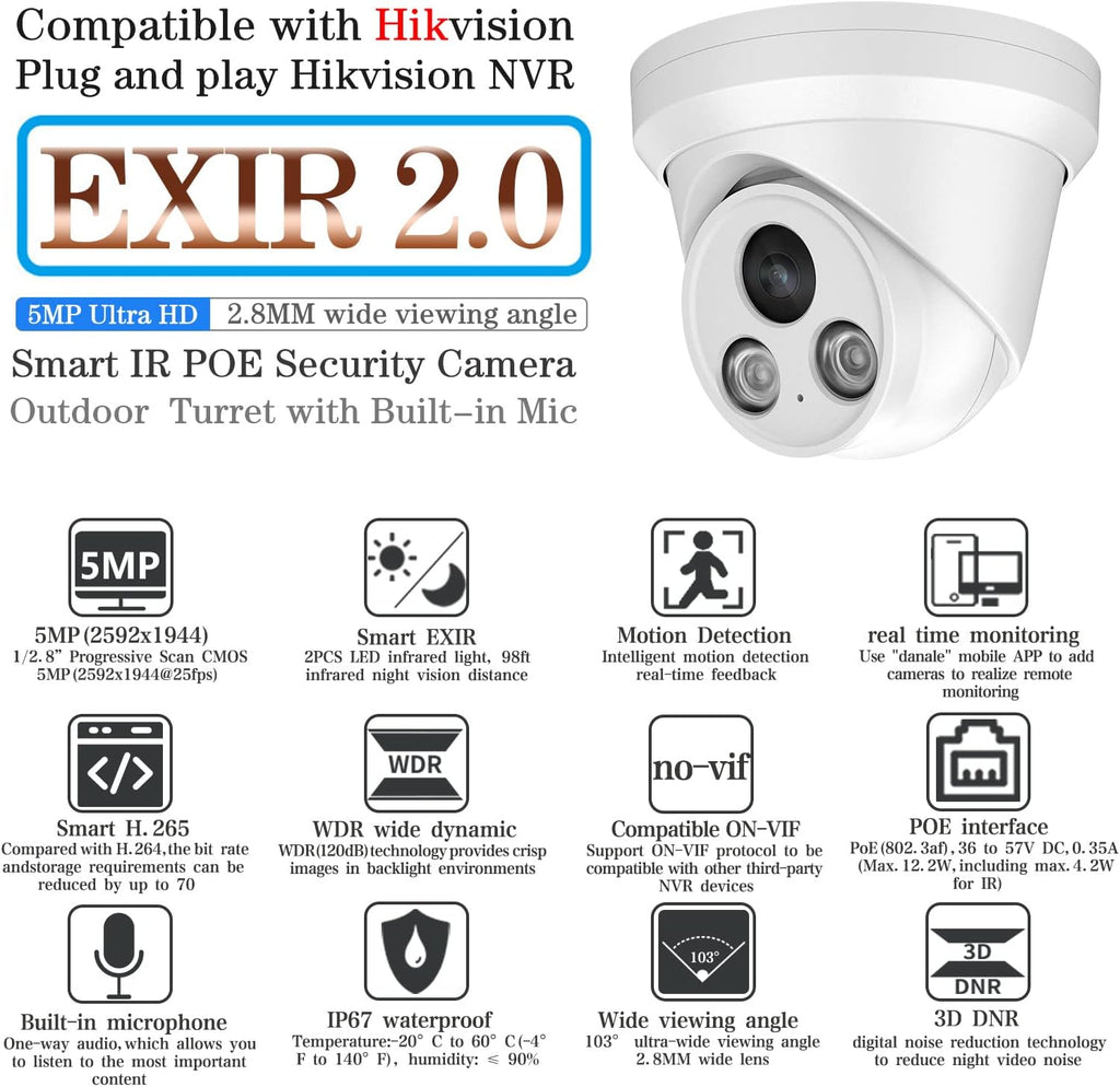 4K UltraHD 8MP Outdoor Security PoE IP Turret Camera with Microphone, 2.8mm Wide Angle, 98ft Night Vision, H.265, IP67 Waterproof O930555