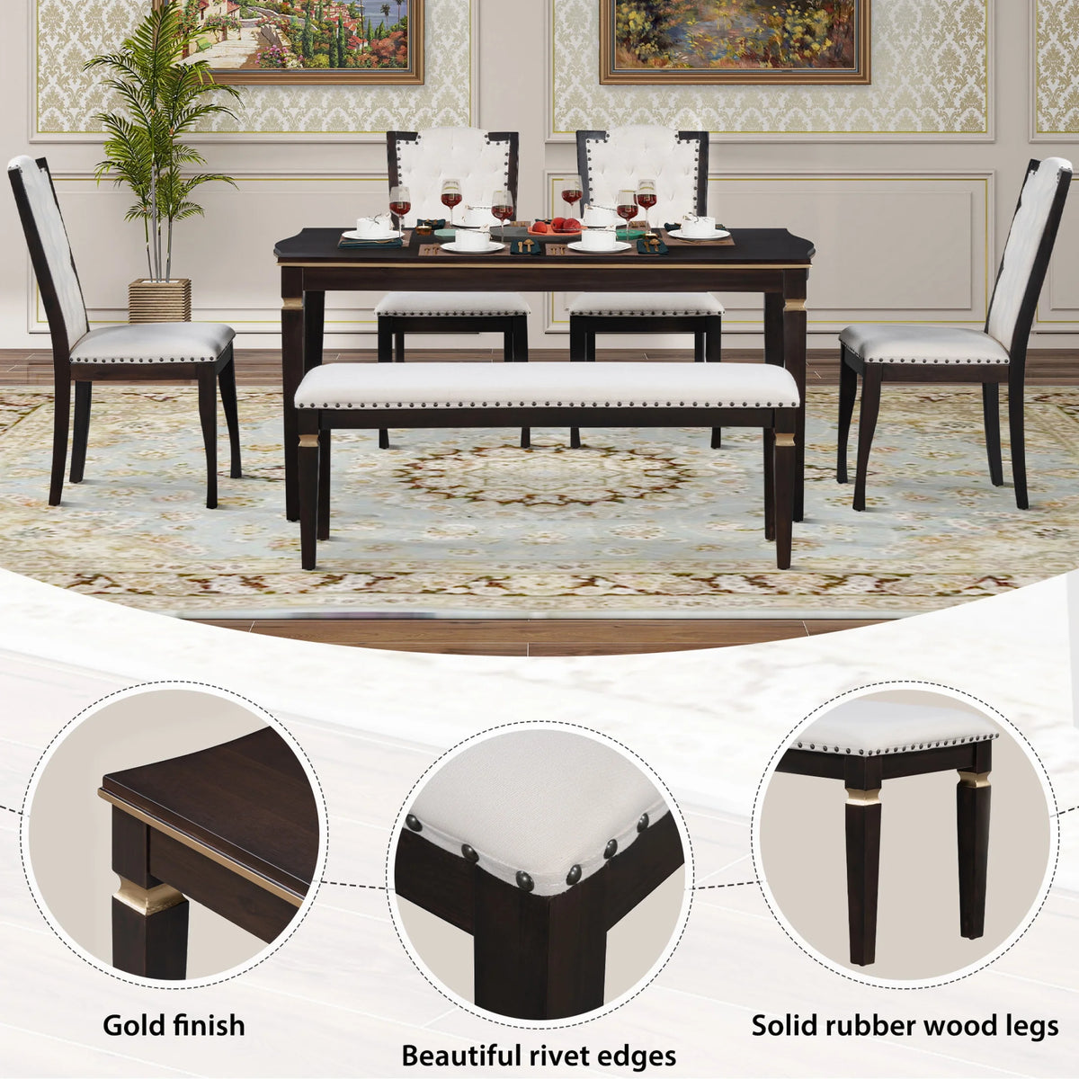6 Piece Dining Table Set with 4 Chairs and Bench Espresso U750837