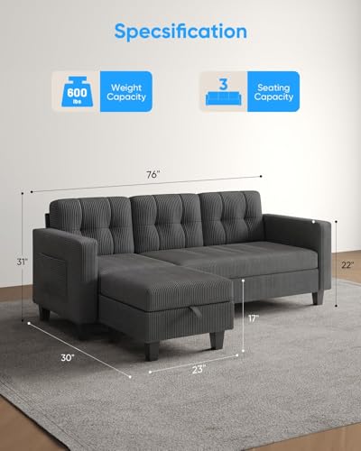76 Inch L Shaped Corduroy Convertible Sectional Sofa with Reversible Storage Ottoman B953243
