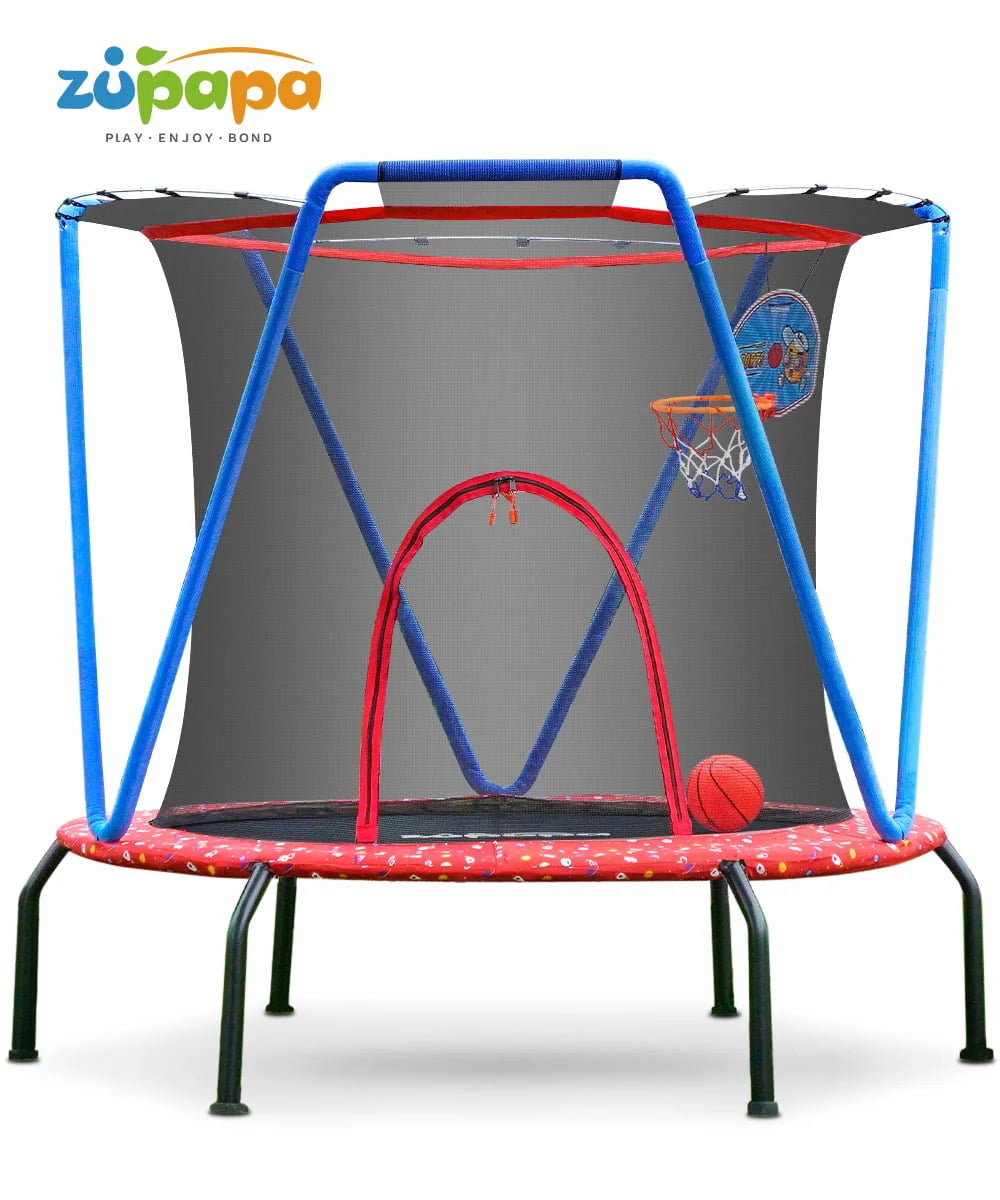 66 Kids Trampoline with Basketball Hoop and Safety Enclosure Net D190