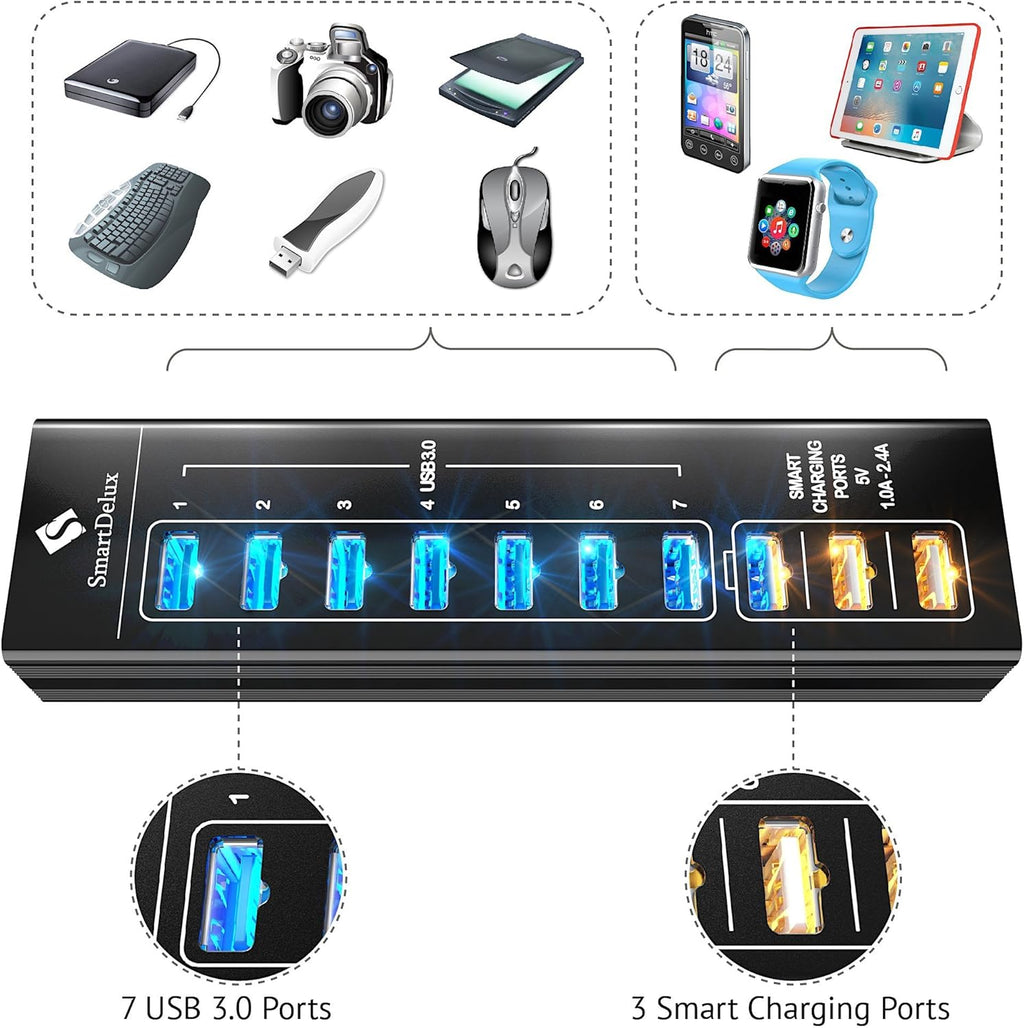 10-Port USB 3.0 Hub with Power Adapter, Black Aluminum Pack of 2 P8189