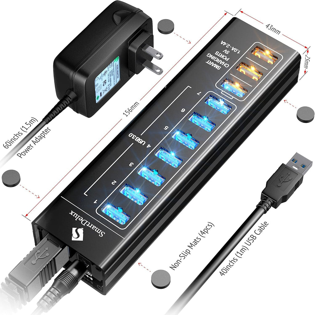 10-Port USB 3.0 Hub with Power Adapter, Black Aluminum Pack of 2 P8189