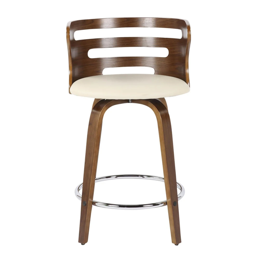 Mid-Century Modern Counter Stool With Swivel In Walnut And Cream Faux Leather - Set Of 2 Y174