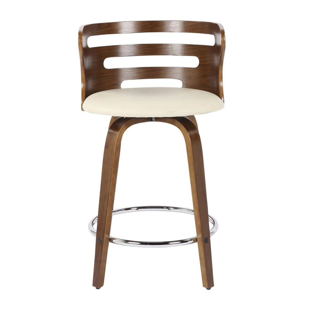 Mid-Century Modern Counter Stool With Swivel In Walnut And Cream Faux Leather - Set Of 2 Y174