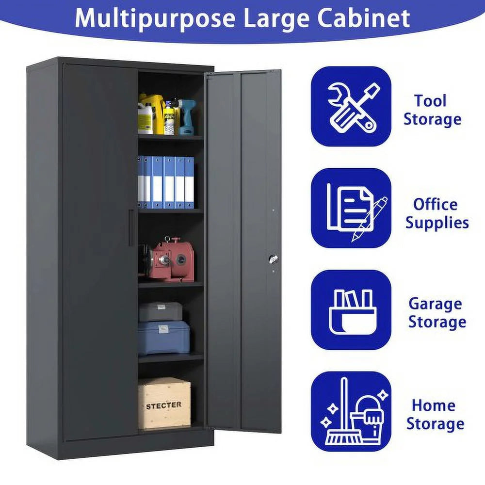 72" Black Metal Steel Storage Cabinet with Doors and 4 Shelves H2621