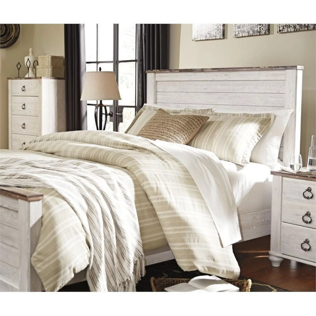 White Wood Queen Panel Bed with Headboard F601626