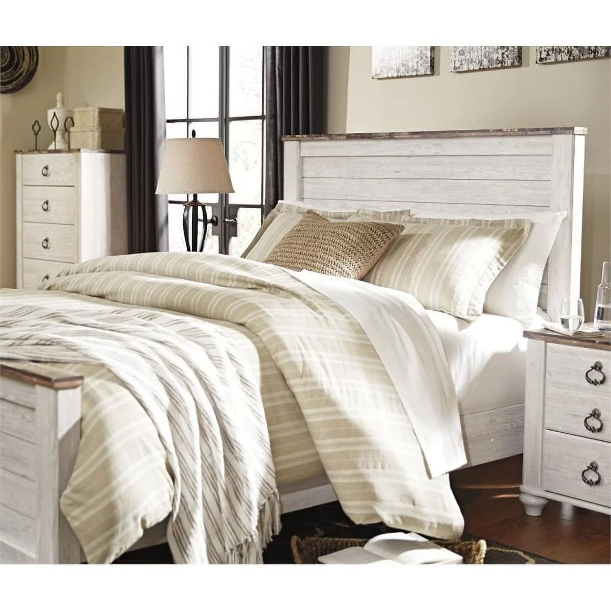 White Wood Queen Panel Bed with Headboard F601626