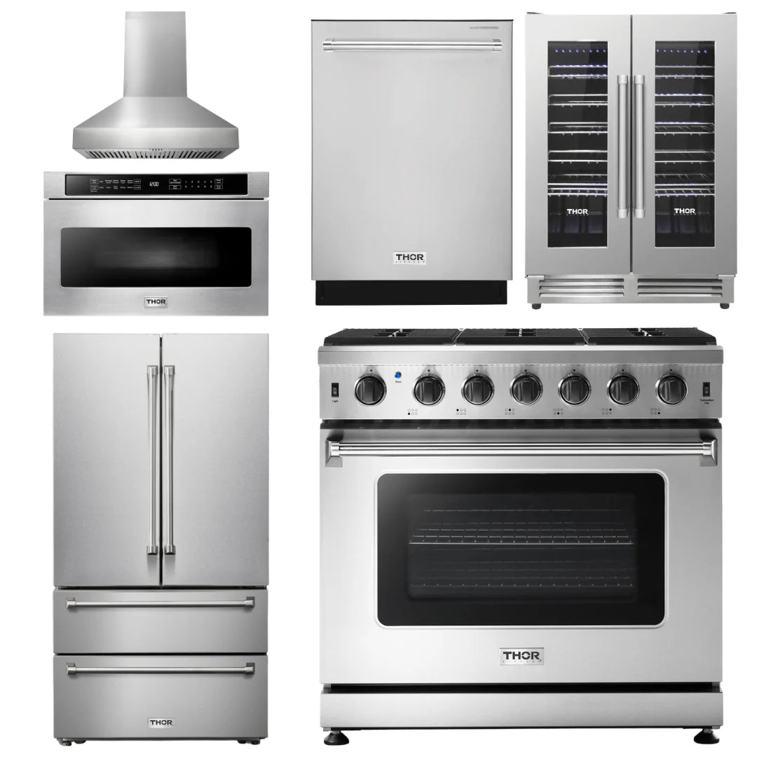 36 Propane Gas Range, Range Hood, Microwave, Refrigerator, Dishwasher, Wine Cooler G370