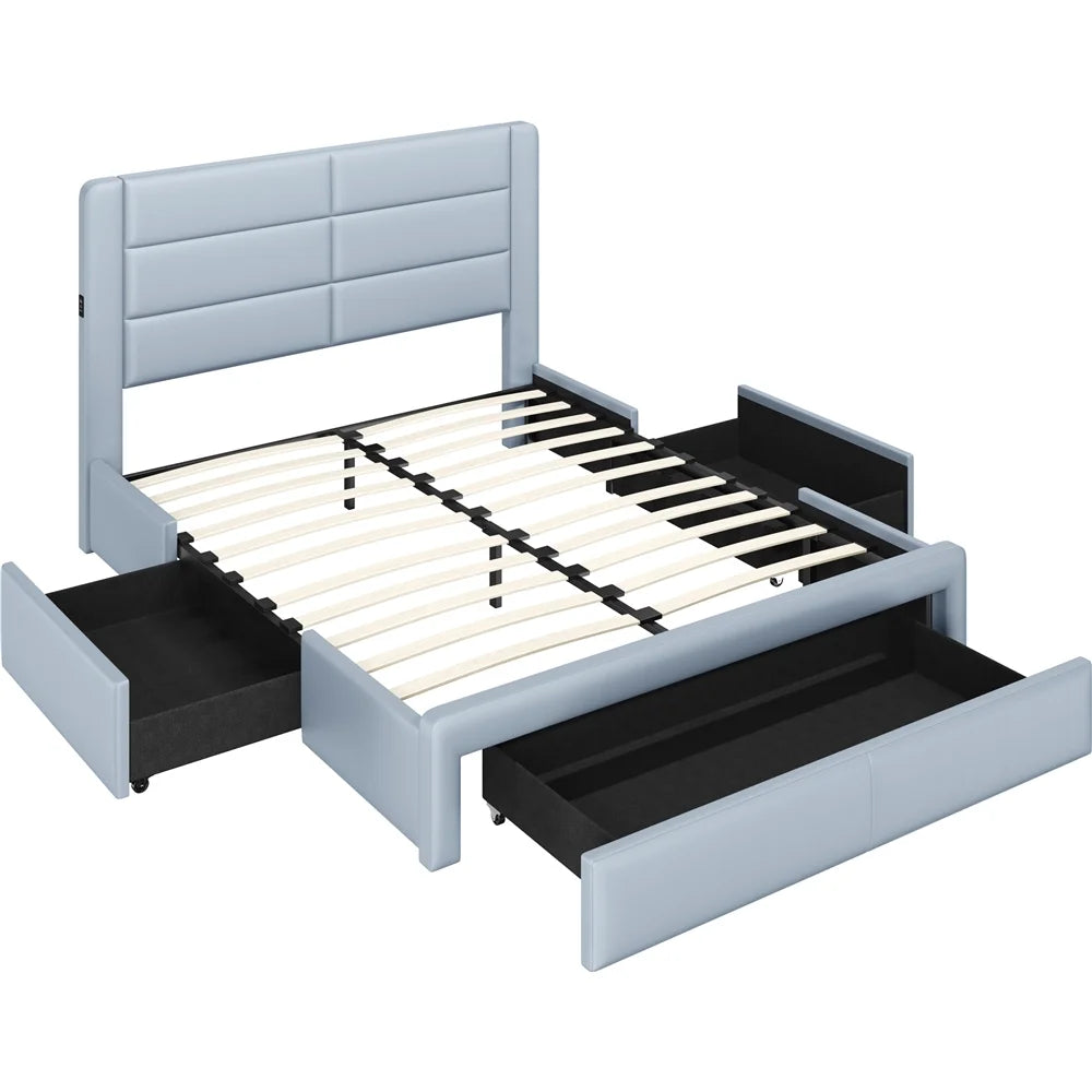 Upholstered Queen Bed with 3 Storage Drawers and USB Ports T52474